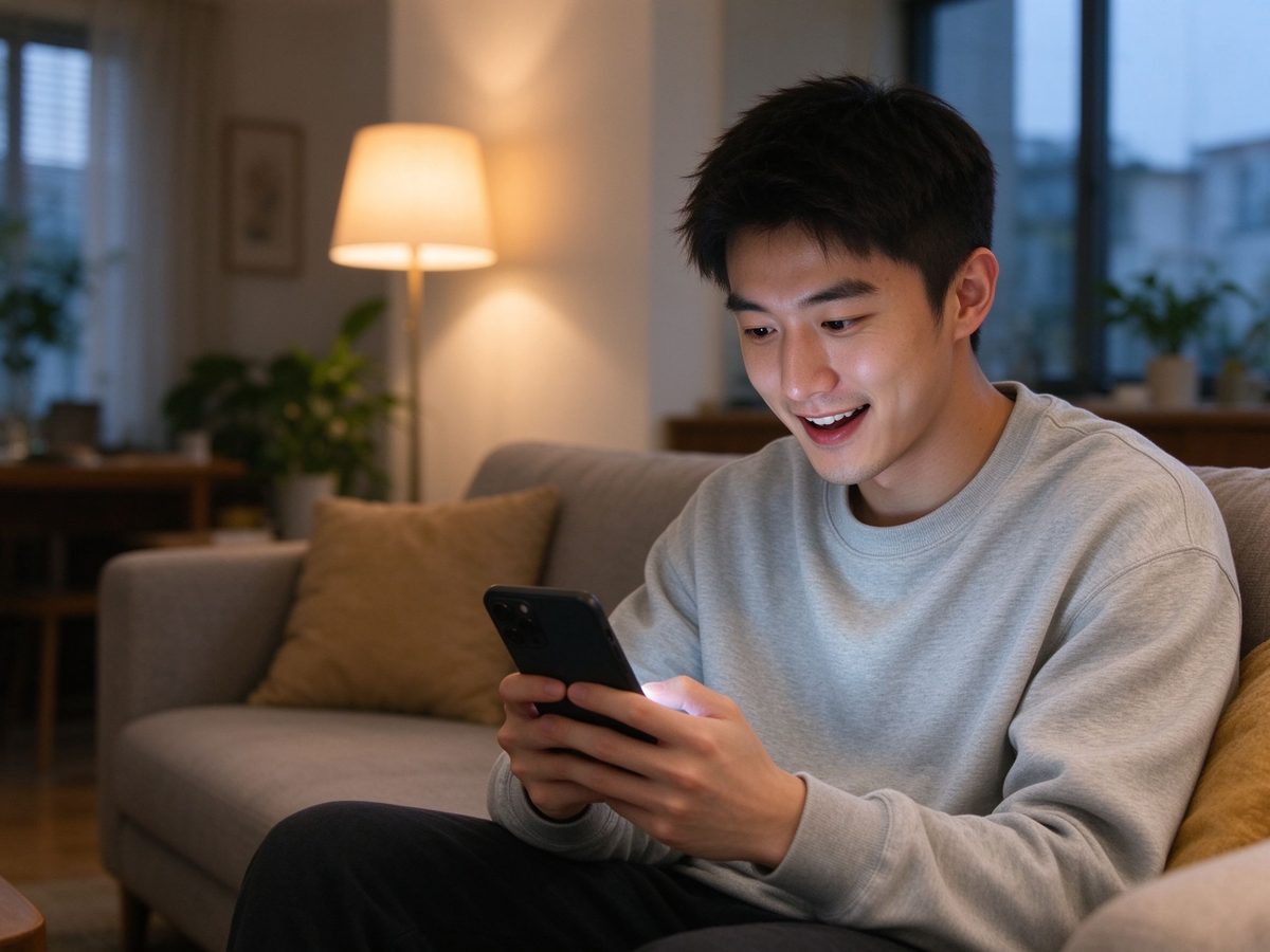 内向男生用手机和女生聊天，露出放松的微笑